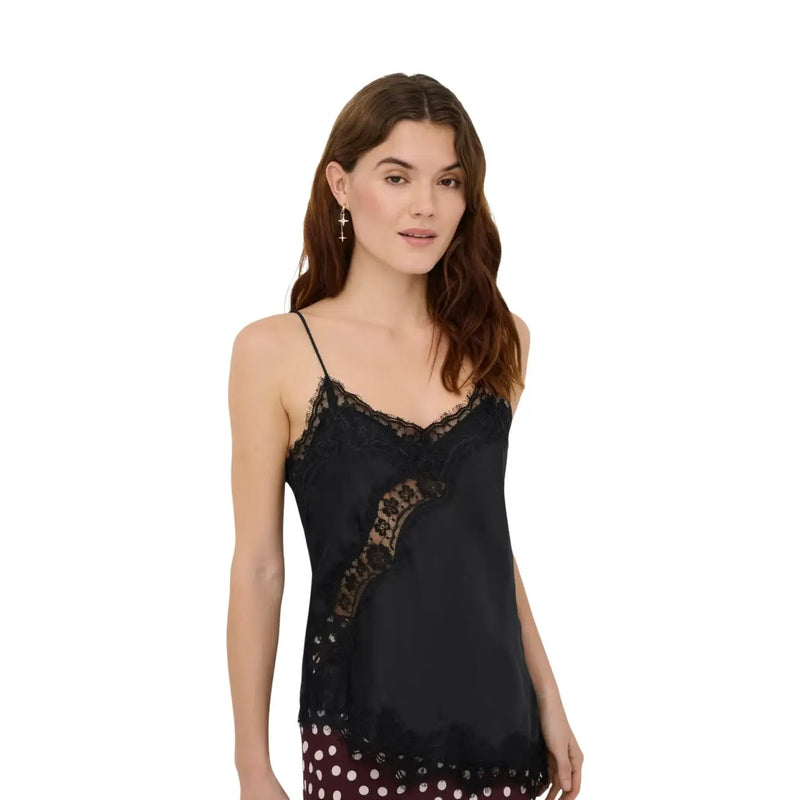 Jacqueline De Yong Frauenpanzer top Schwarzer Satin aus Polyester mit asymmetrischem Spitzenbesatz und floraler Stickerei an der Seite