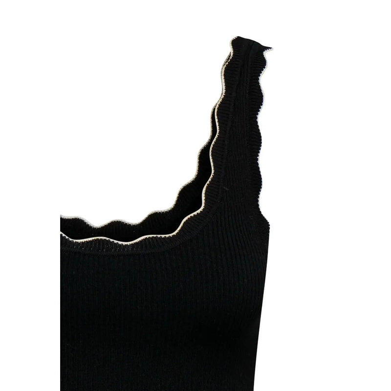 Jacqueline de Yong Damen Tank top Schwarzer Rippstrick mit geschwungenem Ausschnitt, weißer Besatz, Viskosematerial