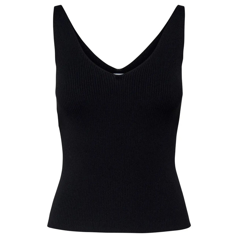 Schwarzes, geripptes, ärmelloses Tanktop top mit tiefem V-Ausschnitt aus Viskose aus der Damenkollektion von Jacqueline de Yong
