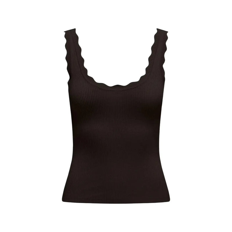 Schwarzes geripptes Tanktop top von Jacqueline De Yong mit geschwungenen Schulterträgern in Braun, geeignet für Freizeitkleidung