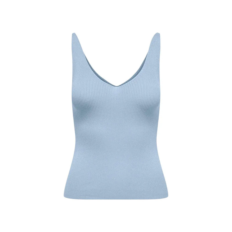 Jacqueline de Yong Damen hellblaues geripptes, ärmelloses Tanktop aus Viskose top mit V-Ausschnitt