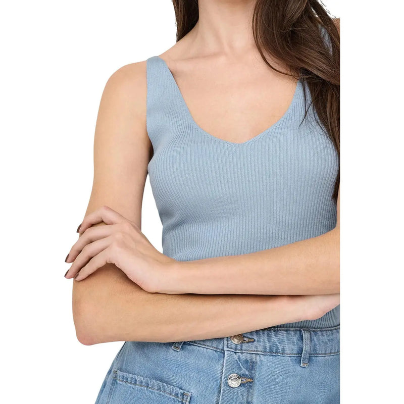 Jacqueline de Yong Damen-Tanktop aus hellblauem Rippstrick aus Viskose top mit V-Ausschnitt und ärmellosem Design