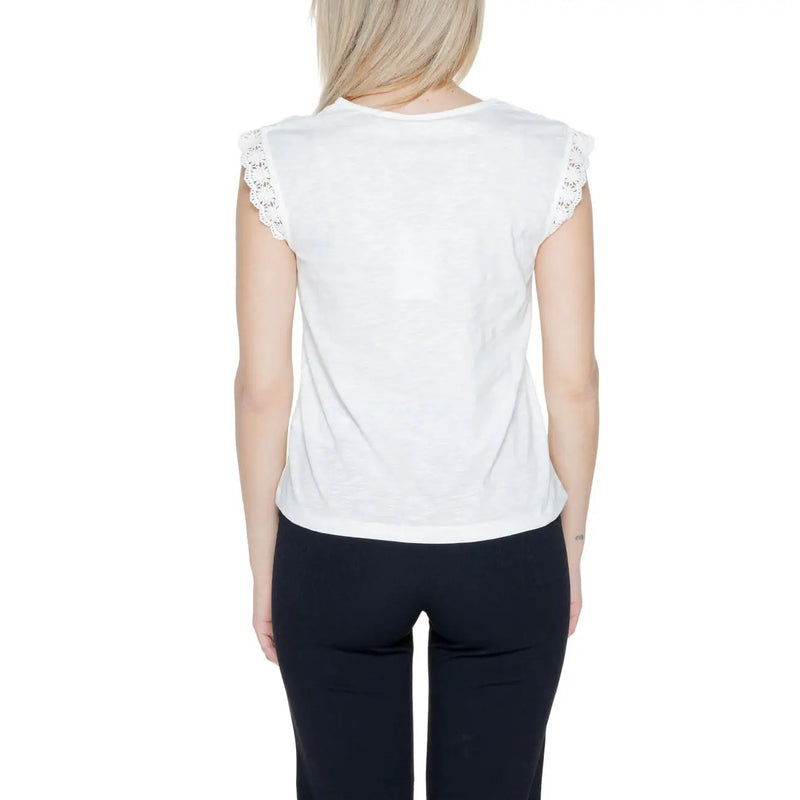 Weißes Baumwoll-Tanktop von Jacqueline de Yong für Damen top mit kurzen Ärmeln und weißen, gehäkelten Spitzenverzierungen