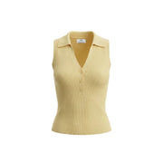 Jacqueline de Yong Damen Tank top Gelbes Oberteil mit V-Ausschnitt, Knopfleiste, hellgelbem, geripptem Strickmuster, ärmellos und Kragen