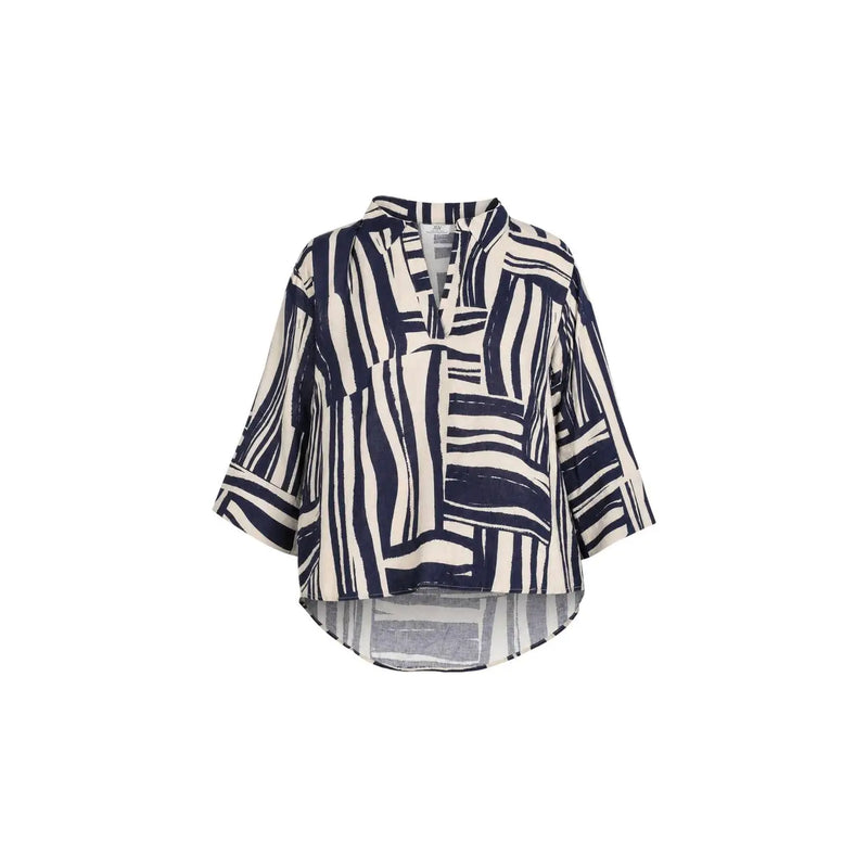 Jacqueline de Yong Frauen top Marineblaue und cremeweiße, abstrakt gestreifte, locker geschnittene Viskosebluse mit 3/4-Ärmeln
