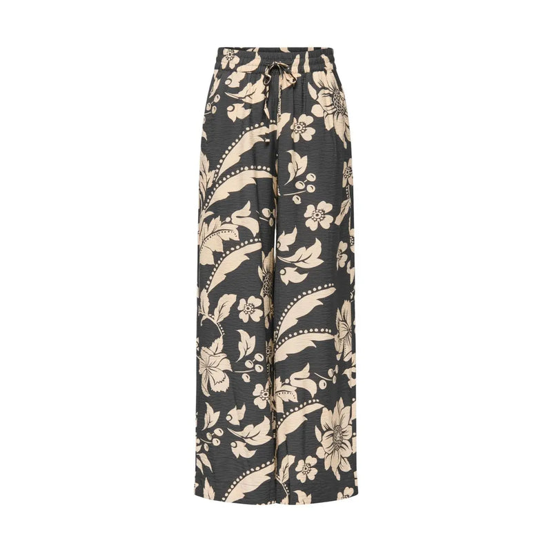 Schwarze, weit geschnittene Viskosehose für Damen von Jacqueline de Yong mit eleganter cremefarbener Blumenspitze und gepunkteten Ziernähten