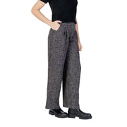 Jacqueline de Yong Damen-Hose mit weitem Bein, schwarz-grau, Fischgrätmuster, hoher Bund mit Reißverschluss und Knopf für Herbst und Winter