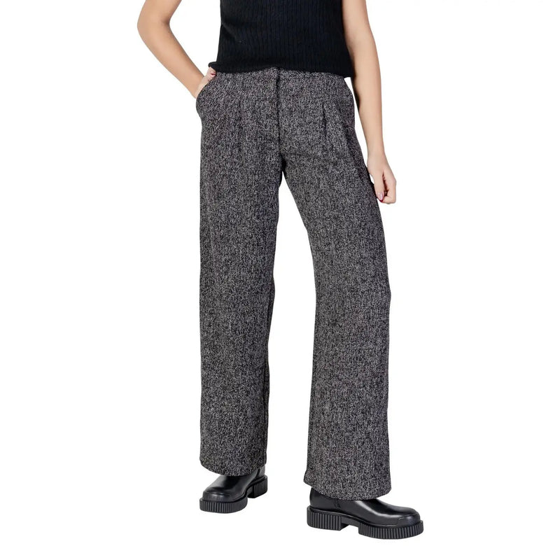 Jacqueline de Yong Damen-Hose in Schwarz und Grau mit Fischgrätmuster, weitem Bein, Reißverschluss und Knopf für Herbst und Winter