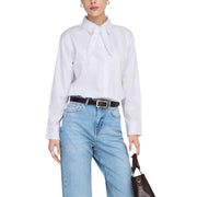 Jacqueline de Yong women white cotton long classic shirt with long sleeves tied collar and button-down front
