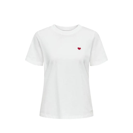 Jacqueline de yong women white cotton round neck t shirt with short sleeves and small red heart embroidery on left chest