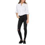 Jacqueline de Yong women white cotton v neck long shirt with a small pink heart embroidery on the left chest
