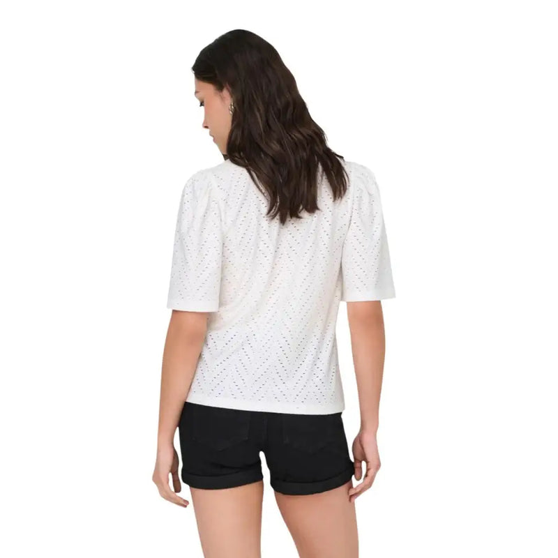 Jacqueline de yong women white short sleeve blouse with delicate geometric eyelet pattern and lightweight fabric