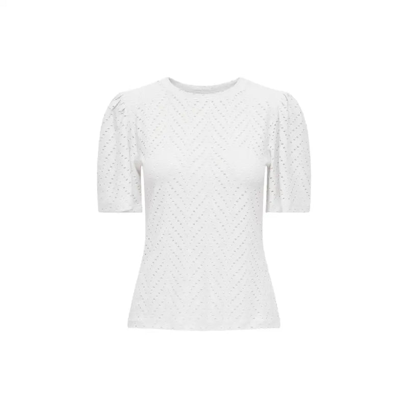 Jacqueline De Yong women white short sleeve blouse with eyelet fabric short puffed sleeves and round neckline