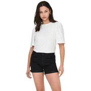 Jacqueline de yong women white short sleeve blouse featuring a white eyelet top with short sleeves and a round neckline