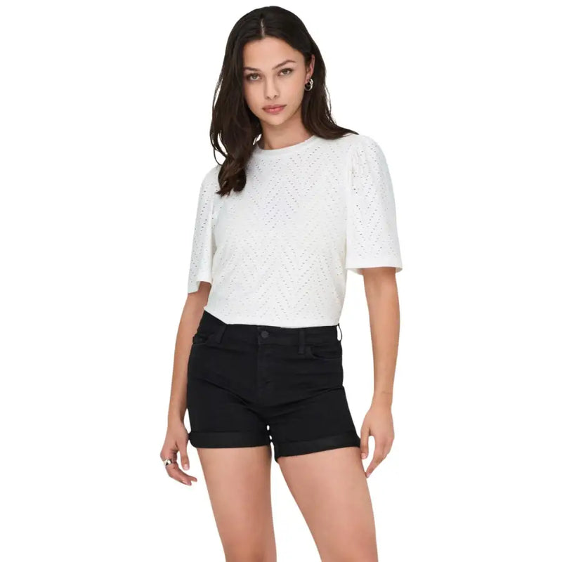 Jacqueline de yong women white short sleeve blouse featuring a white eyelet top with short sleeves and a round neckline
