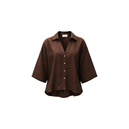Jdy women brown viscose classic loose-fitting button-up shirt with collar and three-quarter length sleeves