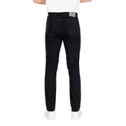 Black slim fit jeans with a belt loop and button closure.