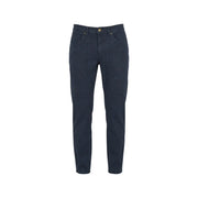 Dark blue denim jeans with classic five-pocket design and subtle stitching details by Jeckerson men trousers