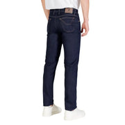 Dark blue slim fit jeans with a classic five-pocket design and belt loops, made of denim material.