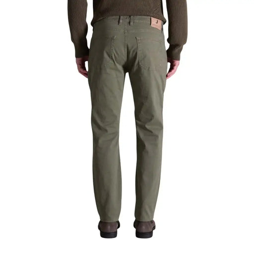 Men’s olive green casual cotton elastane trousers with brown leather patch on back waistband