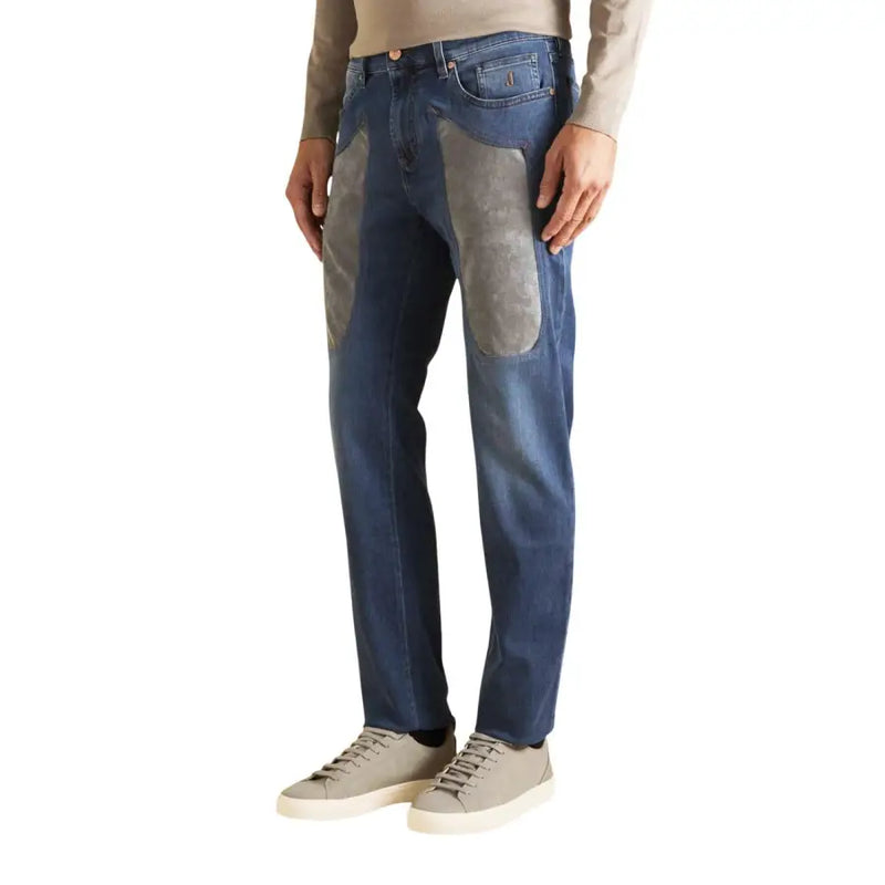 Jeckerson Herrenjeans, blau, Baumwoll-Stretch, schmale Passform mit grauen Wildlederapplikationen an den vorderen Oberschenkeln