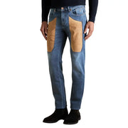 Jeckerson Herrenjeans, blau, Baumwoll-Stretch, schmale Passform mit hellbraunen Lederapplikationen an den Oberschenkeln
