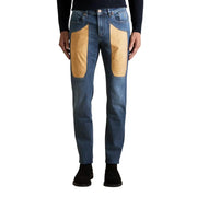 Jeckerson Herrenjeans, blau, Baumwoll-Stretch, schmale Passform mit hellbraunen Lederapplikationen an den Oberschenkeln