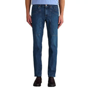 Jeckerson Herrenjeans aus blauer Bio-Baumwolle, schmal geschnitten, dunkelblauer Denim mit verstärkten Kniepartien und Fünf-Taschen-Design