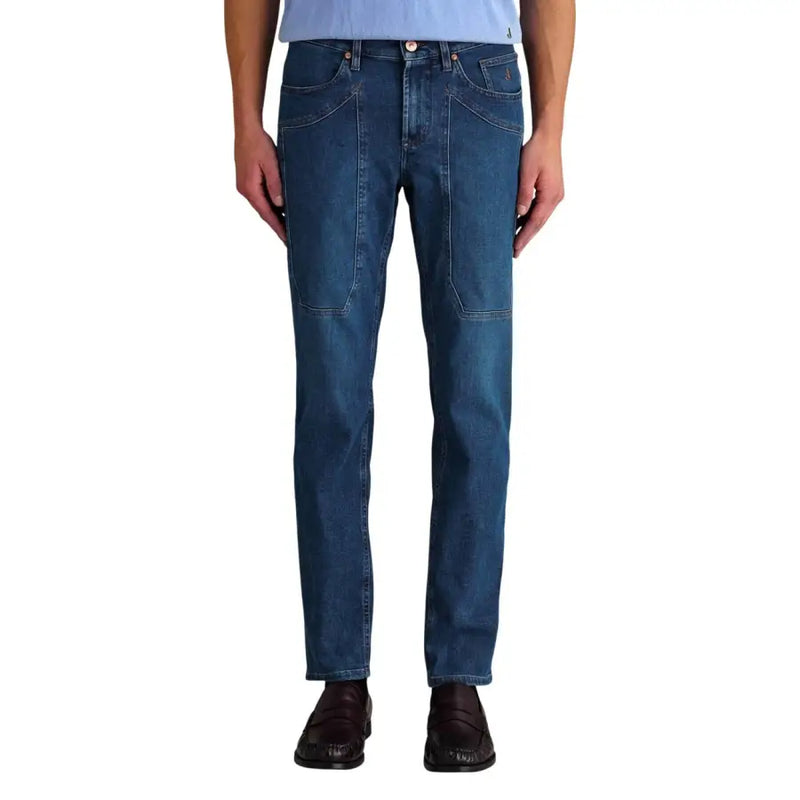 Jeckerson Herrenjeans aus blauer Bio-Baumwolle, schmal geschnitten, dunkelblauer Denim mit verstärkten Kniepartien und Fünf-Taschen-Design