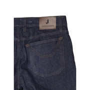 Dunkelblaue Herrenjeans aus Denim mit braunem Leder jeckerson Logo-Patch aus Bio-Baumwolle mit Reißverschluss und Knopfverschluss