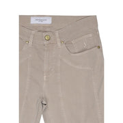 Beige corduroy jeans with subtle ribbed texture gold tone hardware and jeckerson label at waistband cotton blend pique