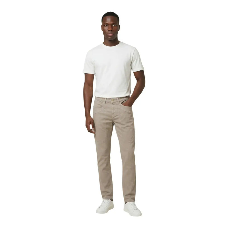 Beige slim-fit denim jeans with classic five-pocket design and white stitching made from cotton blend pique by Jeckerson