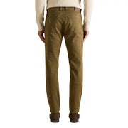 Olive green denim trousers with a classic five-pocket design and brown leather brand patch by jeckerson men trousers
