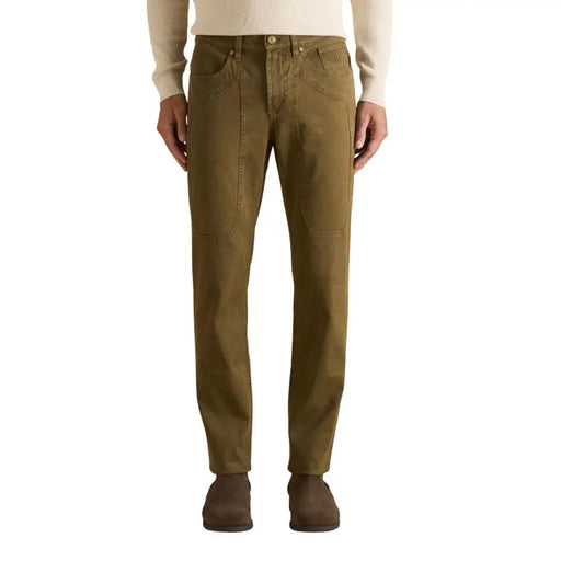 Olivgrün jeckerson Herrenhose mit verstärkten aufgesetzten Taschen und klassischem Fünf-Taschen-Design, Vorderansicht