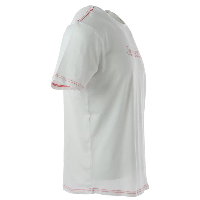Jeckerson mens white slim fit t-shirt with red stitching along neckline sleeve hems and bottom hem