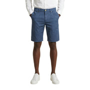 Jeckerson Schmal geschnittene Herrenshorts Jayden aus blauem Denim mit fünf Taschen und goldfarbenem Knopf, Vorderansicht