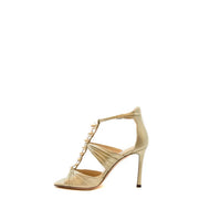 Jimmy Choo women leather sandals beige metallic gold satin stiletto open toe with t-strap and pearl embellishments