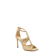 Jimmy Choo women leather beige stiletto open toe sandal with metallic gold straps and pearl and crystal embellishments