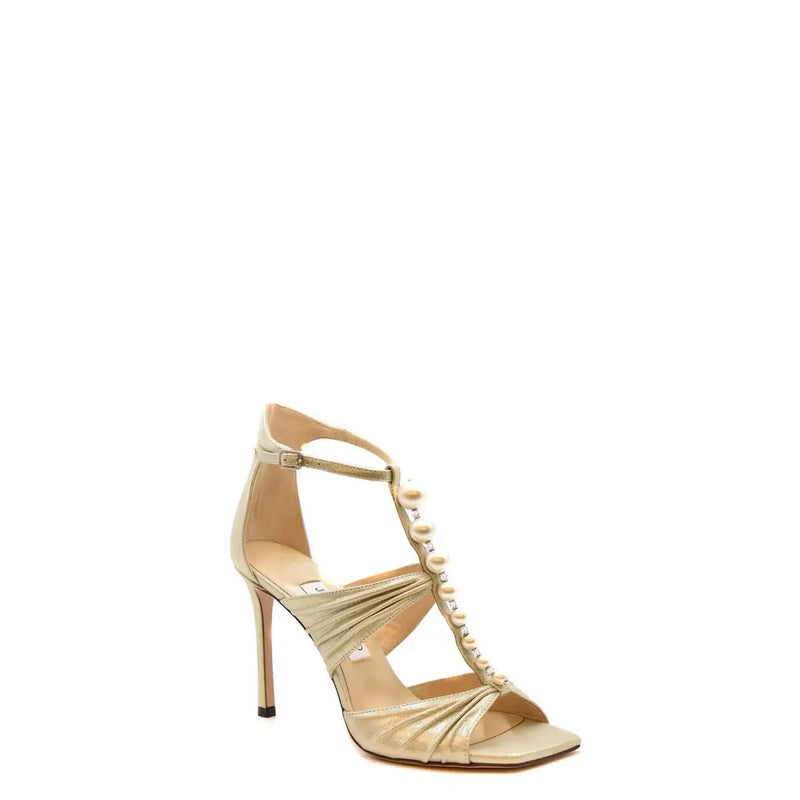 Jimmy Choo women leather beige stiletto open toe sandal with metallic gold straps and pearl and crystal embellishments