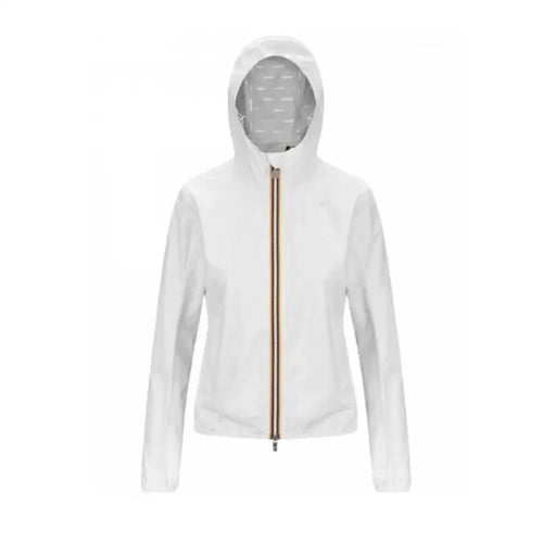 K-way women white hooded jacket with gold-toned zipper and patterned interior lining for spring summer wear