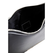 Karl Lagerfeld black faux leather handbag with zip pockets featuring a black leather clutch with silver zipper and stitched trim