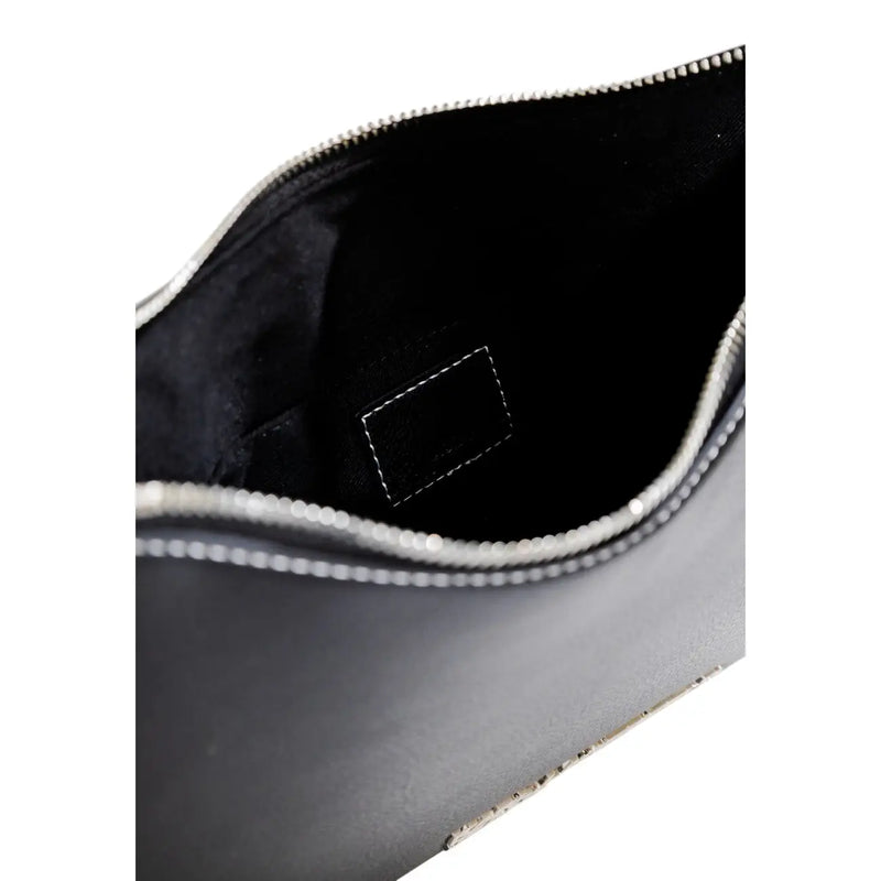 Karl Lagerfeld black faux leather handbag with zip pockets featuring a black leather clutch with silver zipper and stitched trim