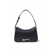 Black faux leather shoulder bag with minimalist design and karl lagerfeld jeans logo embroidered in white on front