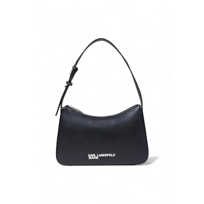 Black faux leather shoulder bag with minimalist design and karl lagerfeld jeans logo embroidered in white on front