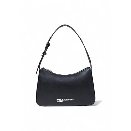 Black faux leather shoulder bag with minimalist design and karl lagerfeld jeans logo embroidered in white on front