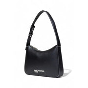 Karl Lagerfeld black faux leather handbag with white stitching, silver zipper, and logo on the front panel