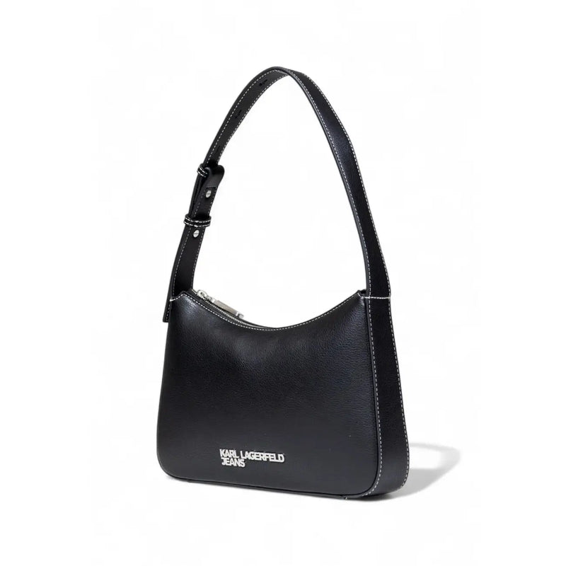 Karl Lagerfeld black faux leather handbag with white stitching, silver zipper, and logo on the front panel
