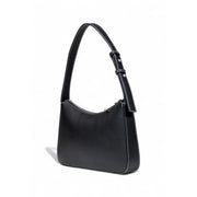 Karl Lagerfeld black faux leather shoulder bag with white stitching and silver zipper zip pockets visible