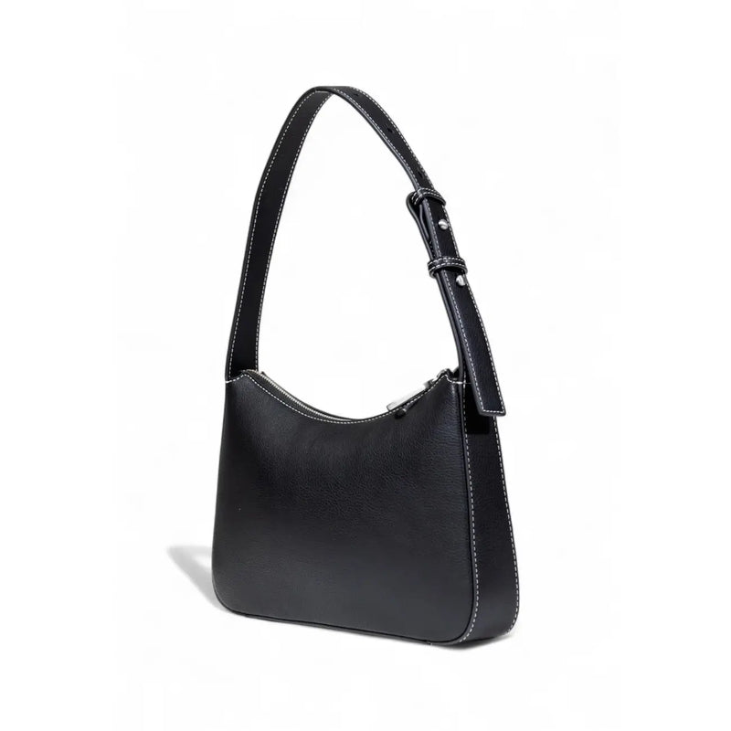 Karl Lagerfeld black faux leather shoulder bag with white stitching and silver zipper zip pockets visible