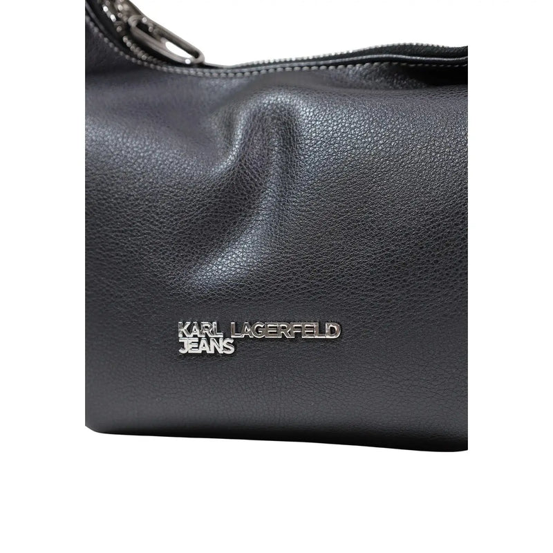 Karl Lagerfeld black polyurethane handbag with textured leather surface and silver-tone logo plaque with zip pockets